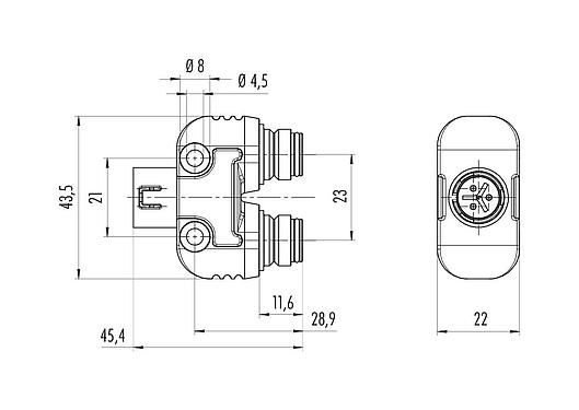 Scale drawing 79 9180 000 05 - Snap-In Twin distributor, Y-distributor, Contacts: 5, unshielded, pluggable, IP67, UL, VDE