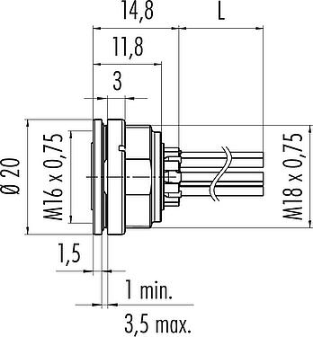 Scale drawing M16 Female panel mount connector, Contacts: 4 (04-a), unshielded, single wires, IP67, UL 2238, M18x0,75, Front mounting