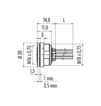 比例图 M16 孔头法兰座, 极数: 4 (04-a), 非屏蔽, 带导线, IP67, UL 2238, M18x0,75, 板前安装