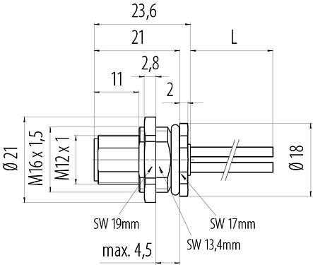 比例图 M12 针头法兰座, 极数: 3, 非屏蔽, 带导线, IP68, UL 2238, M16x1.5, 後壁安裝, 模压成型