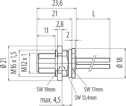 比例图 M12 针头法兰座, 极数: 3, 非屏蔽, 带导线, IP68, UL 2238, M16x1.5, 後壁安裝, 模压成型