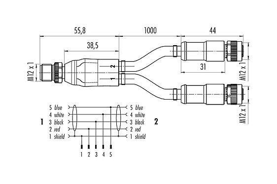 比例图 77 9851 2530 50705-0200 - M12 带电缆双出口-2孔头带电缆连接器 M12x1, 极数: 5, 屏蔽, 预铸电缆, IP67, CAN总线, PUR, 紫色, 1x2xAWG 22+1x2xAWG 24, 2m