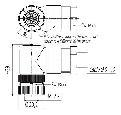 比例图 M12 弯角孔头电缆连接器, 极数: 4, 8.0-10.0mm, 非屏蔽, 螺钉接线, IP67, UL 2238, VDE