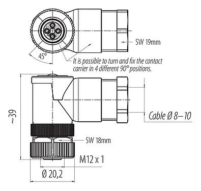 比例图 99 0630 58 04 - M12 弯角孔头电缆连接器, 极数: 4, 8.0-10.0mm, 非屏蔽, 螺钉接线, IP67, UL 2238, VDE