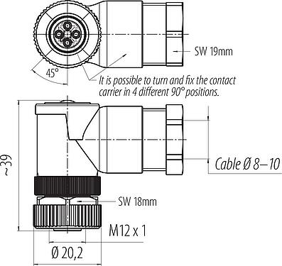 比例图 M12 弯角孔头电缆连接器, 极数: 4, 8.0-10.0mm, 非屏蔽, 螺钉接线, IP67, UL 2238, VDE