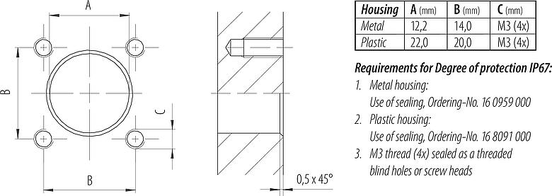 Assembly instructions / Panel cut-out M12 Square male panel mount connector, Contacts: 4, unshielded, solder, IP40, M3 (4x), Front mounting, Positionable coding alignment