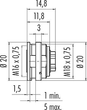 Scale drawing M16 Female panel mount connector, Contacts: 6 (06-a), unshielded, crimping (Crimp contacts must be ordered separately), IP40, M18x0,75, Front mounting