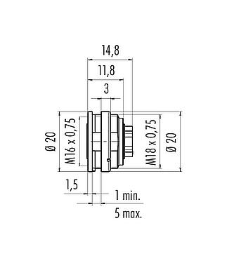 比例图 09 0324 700 06 - M16 孔头法兰座, 极数: 6 (06-a), 非屏蔽, 压接（压接触点必须单独订购）, IP40