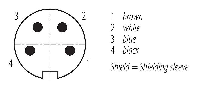 Contact arrangement (Plug-in side) 77 6527 0000 50004-0500 - M16 Male angled connector, Contacts: 4, shielded, moulded on the cable, IP68, PUR, black, 4 x 0.34 mm², 5 m