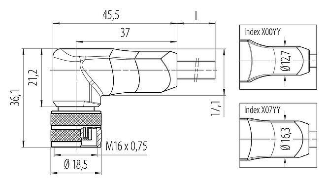 Scale drawing 77 6434 0000 50712-0200 - M16 Female angled connector, Contacts: 12, unshielded, moulded on the cable, IP68, PUR, black, 12 x 0.25 mm², 2 m