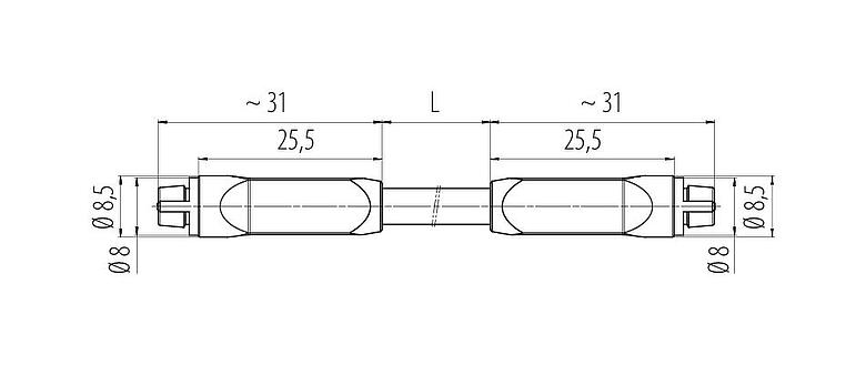 Scale drawing Snap-In Connecting cable 2 female cable connectors, Contacts: 3, unshielded, moulded on the cable, IP40, PVC, black, 3 x 0.25 mm², 2 m