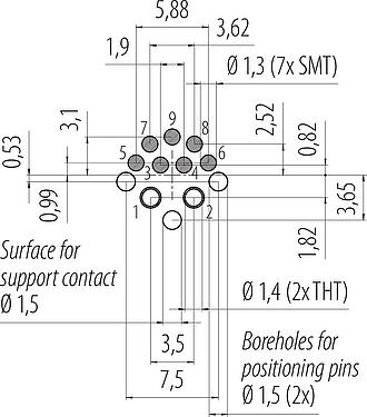Conductor layout M12 Male receptacle, Contacts: 2+7, solder, IP67 plugged and locked, Front mounting