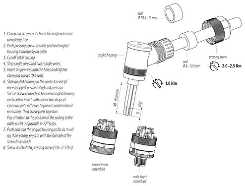 装配说明 M12 弯角孔头电缆连接器, 极数: 4+PE, 8.0-13.0mm, 非屏蔽, 螺钉接线, IP67, UL 2237正在准备中, 带PE接口