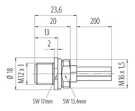比例图 M12 针头法兰座, 极数: 4, 非屏蔽, 带导线, IP68, UL 2238, M16x1.5, 板前安装