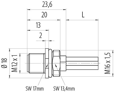 比例图 M12 针头法兰座, 极数: 4, 非屏蔽, 带导线, IP68, UL 2238, M16x1.5, 板前安装