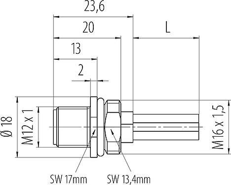 比例图 M12 针头法兰座, 极数: 4, 非屏蔽, 带导线, IP68, UL 2238, M16x1.5, 板前安装