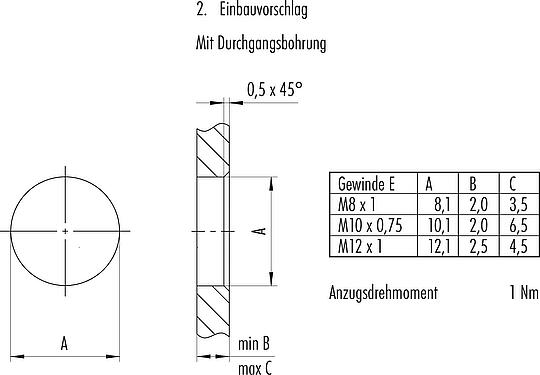 Assembly instructions / Panel cut-out M8 Male panel mount connector, Contacts: 4, unshielded, THT, IP67, UL 2238, M8x1.0, Rear mounting, potted
