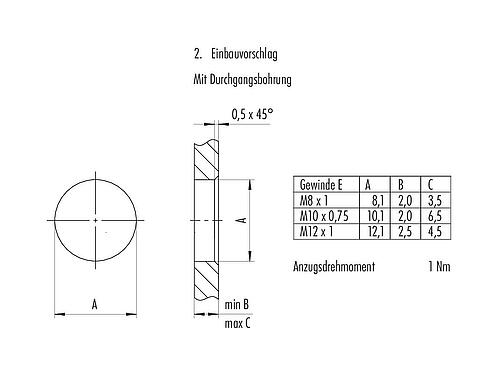 Assembly instructions / Panel cut-out 86 6518 1100 00012 - M8 Female panel mount connector, Contacts: 12, unshielded, THT, IP67, UL, screwable from the front