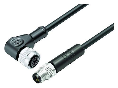 Illustration 77 3434 3405 50004-0100 - M12/M8 Male cable connector - female angled connector, Contacts: 4, unshielded, moulded on the cable, IP67, UL, PUR, black, 4 x 0.34 mm², 1 m