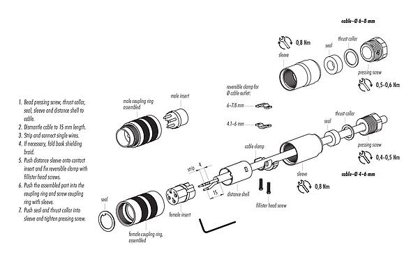 装配说明 M16 直头孔头电缆连接器, 极数: 4 (04-a), 6.0-8.0mm, 可接屏蔽, 螺钉接线, IP67, UL 2238