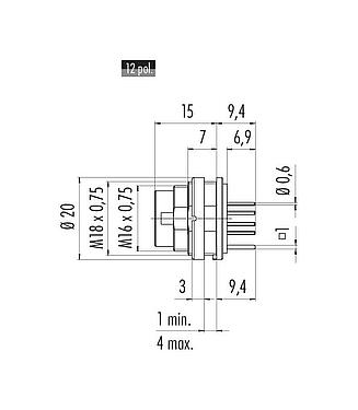 Scale drawing M16 Male panel mount connector, Contacts: 12 (12-a), shieldable, THT, IP40, M18x0,75, Rear mounting