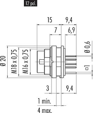 Scale drawing M16 Male panel mount connector, Contacts: 12 (12-a), shieldable, THT, IP40, M18x0,75, Rear mounting