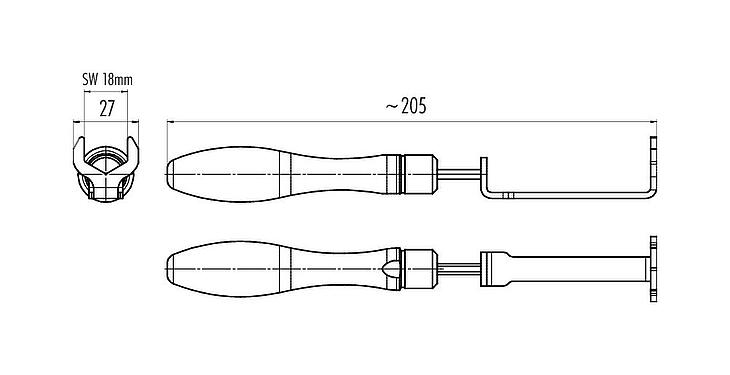 Scale drawing 07 0079 000 - M12-A/B/D/K/K/L/S/T/US/X - Assembly spanner with torque limitation 0.6 Nm, SW 18 mm; Series 713/715/763/766/813/814/815/825/866/876