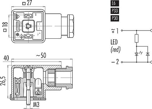 比例图 设备插座, 极数: 2+PE, 6.0-8.0mm, 非屏蔽, 螺钉接线, IP40 不带密封圈, PG 9, 电路 P30, 带LED的PNP