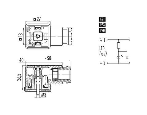 比例图 设备插座, 极数: 2+PE, 6.0-8.0mm, 非屏蔽, 螺钉接线, IP40 不带密封圈, PG 9, 电路 P30, 带LED的PNP