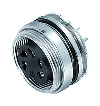 M16 Female panel mount connector, Contacts: 6 (06-a), shieldable, THT, IP67, UL 2238, M18x0,75, Rear mounting