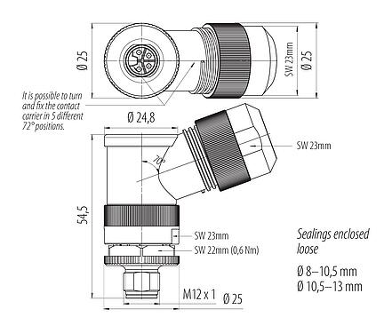 比例图 M12 弯角针头电缆连接器, 极数: 4, 8.0-13.0mm, 非屏蔽, 螺钉接线, IP67, UL 2238, M12x1.0, 用于供电