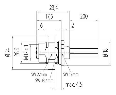 比例图 M12 孔头法兰座, 极数: 4, 非屏蔽, 带导线, IP68, UL 2238, M16x1.5, 後壁安裝
