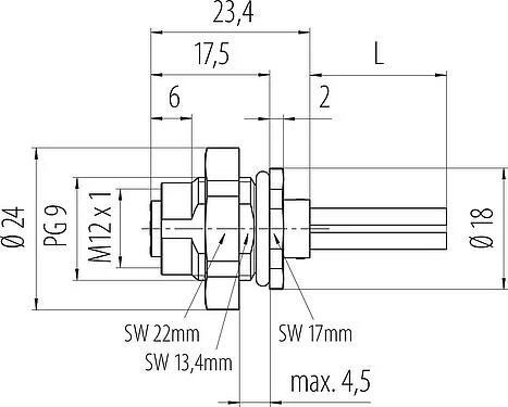 比例图 M12 孔头法兰座, 极数: 4, 非屏蔽, 带导线, IP68, UL 2238, M16x1.5, 後壁安裝