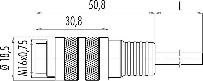 Scale drawing M16 Male cable connector, Contacts: 5 (05-a), shielded, moulded on the cable, IP67, PUR, black, 5 x 0.25 mm², 2 m