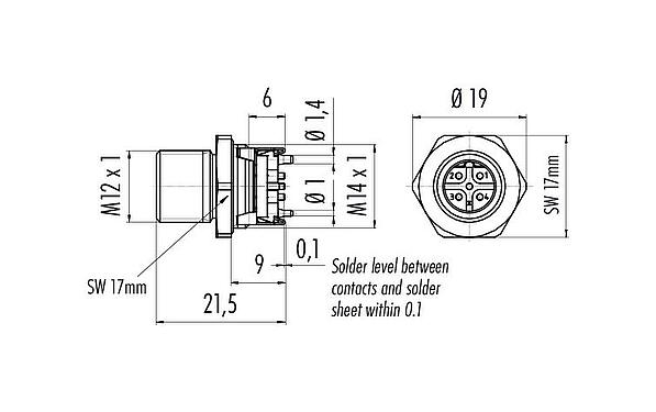 Scale drawing M12 Male panel mount connector, Contacts: 5, shieldable, SMT, IP67, M14x1.0, Rear mounting
