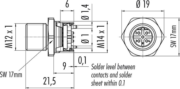 Scale drawing M12 Male panel mount connector, Contacts: 5, shieldable, SMT, IP67, M14x1.0, Rear mounting