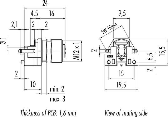 比例图 M12 孔头法兰座, 极数: 5, 非屏蔽, THR, IP68, UL 2238, M12x1.0, 後壁安裝, 可分离设计