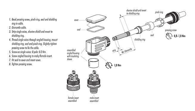 Assembly instructions M12 Female angled connector, Contacts: 8, 6.0-8.0 mm, shieldable, screw clamp, IP67, UL 2238, with shielding ring