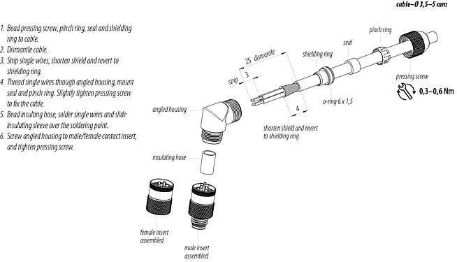装配说明 M8 弯角针头电缆连接器, 极数: 4, 3.5-5.0mm, 可接屏蔽, 焊接, IP67, UL 2238