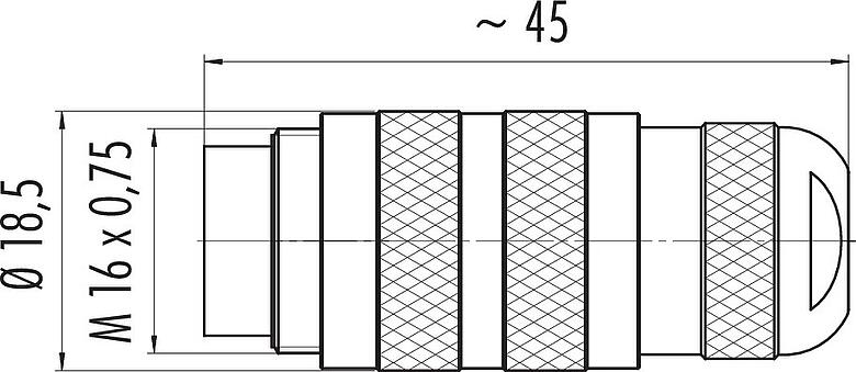 Scale drawing M16 Male cable connector, Contacts: 4 (04-a), 4.1-7.8 mm, unshielded, crimping (Crimp contacts must be ordered separately), IP67, UL 2238, Short version