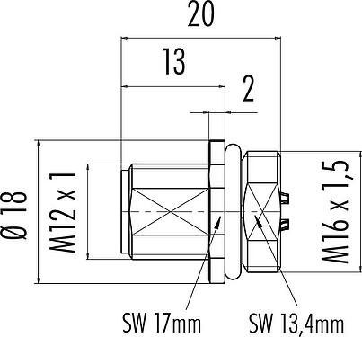 Scale drawing M12 Male panel mount connector, Contacts: 4, unshielded, solder, IP68, UL 2238, M16x1.5, Front mounting