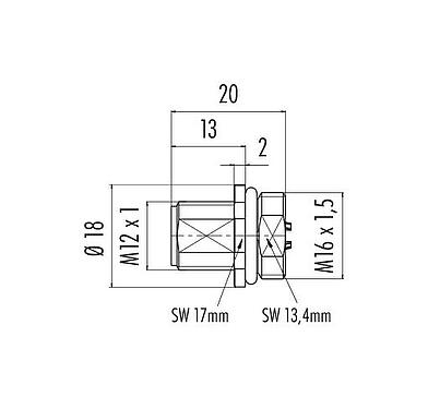 比例图 M12 针头法兰座, 极数: 4, 非屏蔽, 焊接, IP68, UL 2238, M16x1.5, 板前安装