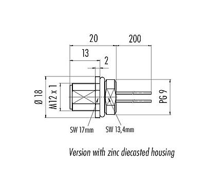 Scale drawing 76 2133 0111 00105-0200 - M12 Male panel mount connector, Contacts: 5, unshielded, single wires, IP68, PG 9, stainless steel