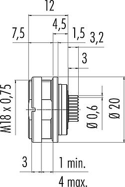 比例图 M16 孔头法兰座, 极数: 24, 非屏蔽, THT, IP67, UL 2238, M18x0,75, 後壁安裝