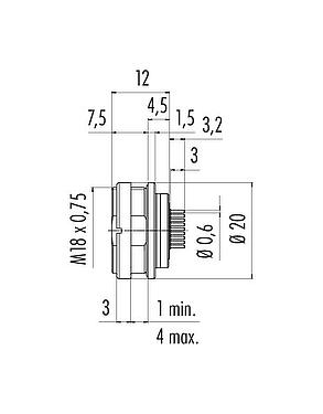 Scale drawing 09 0498 90 24 - M16 Female panel mount connector, Contacts: 24, unshielded, THT, IP67, UL, Front mounting