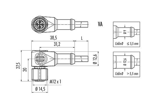Scale drawing M12 Female angled connector, Contacts: 5, unshielded, moulded on the cable, IP67/IP69K, UL 2238, PUR, black, 5 x 0.34 mm², stainless steel, 5 m