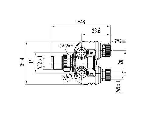 Scale drawing M12/M8 Twin distributors Y-distributor, male connector - 2 female connector, Contacts: 4/3, unshielded, pluggable, IP68, UL 2238