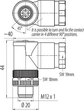 比例图 M12 弯角针头电缆连接器, 极数: 4, 2.1-3.0 mm (2 电缆) 或者 4-5 mm (2 电缆), 非屏蔽, 螺钉接线, IP67, UL 2238