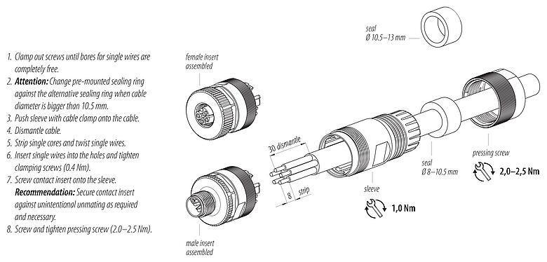 装配说明 99 0639 29 05 - M12 直头针头电缆连接器, 极数: 4+FE, 8.0-13.0mm, 非屏蔽, 螺钉接线, IP67, UL, M12x1.0