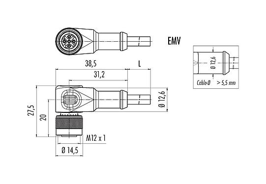 Scale drawing 77 3534 0000 50705-0500 - M12 Female angled connector, Contacts: 5, shielded, moulded on the cable, IP67, UL, PUR, black, 5 x 0.25 mm², 5 m